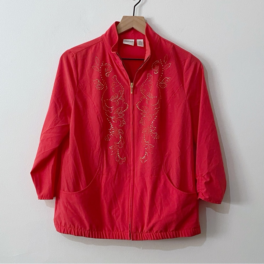 Chico’s Zenergy Coral Embellished Lightweight Zip-Up Jacket with Pockets Small